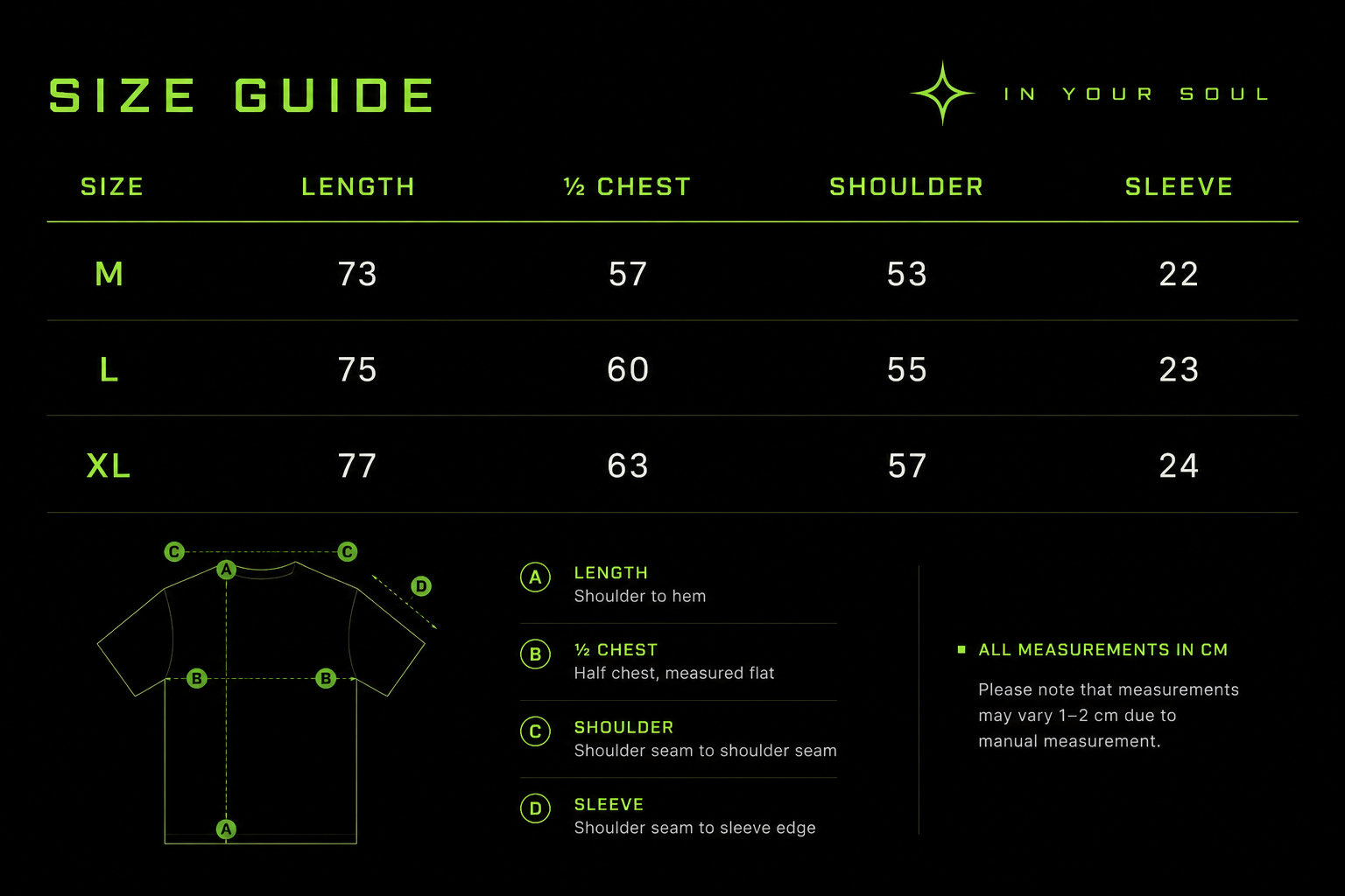 IN YOUR SOUL Size Chart
